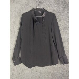 Theory Assymetrical Blouse Womens‎ L Black Silk Leather Collar Minimalist